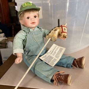 John Deere “Johnny’s” Porcelain Doll w/wood hobby horse Danbury Mint 10”